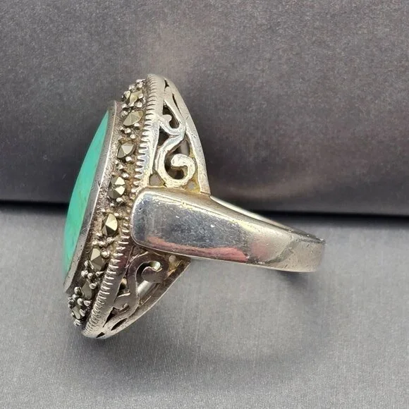 VTG 925 Sterling Silver Turquoise & Marcasite Ring Size 6.5 Signed Filigree - Picture 2 of 11